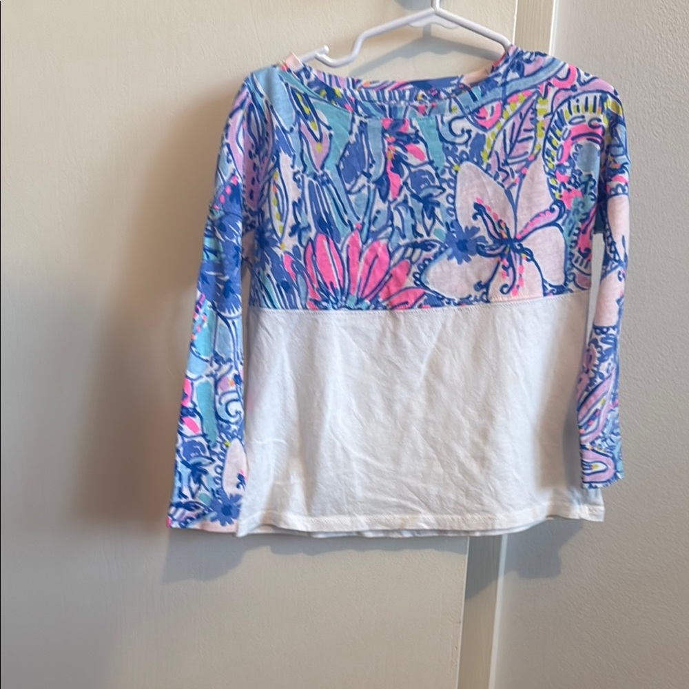 Lilly Pulitzer Blue and Pink Long Sleeve Tee with Tropical Print